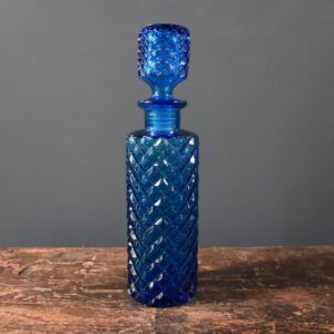 Blue genie bottle decanter with stopper and blue harlequin pattern