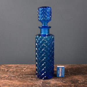 Blue genie bottle decanter with stopper and blue harlequin pattern