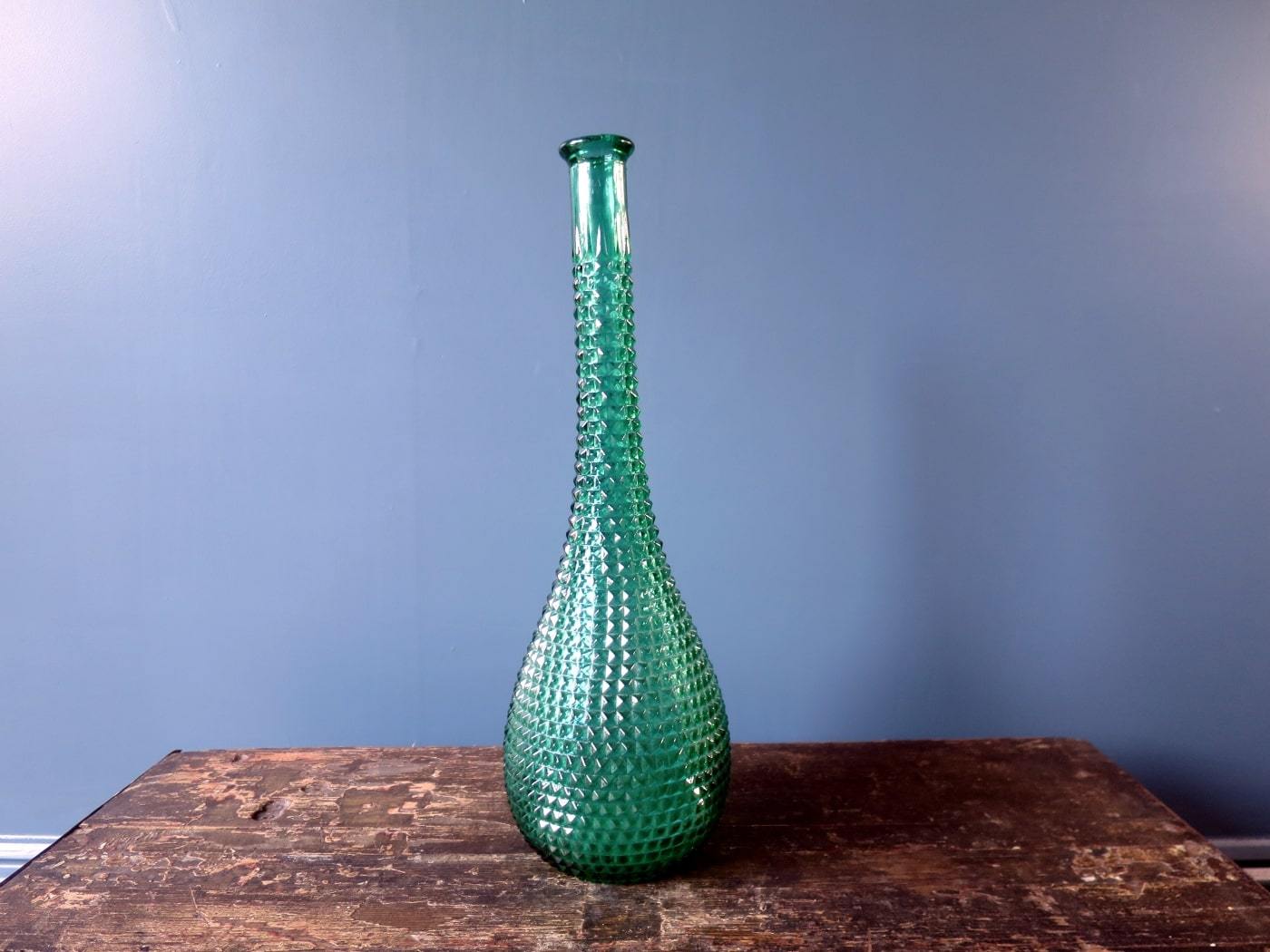 Rossini flask shaped genie bottle decanter in Empoli glass with green diamond point pattern