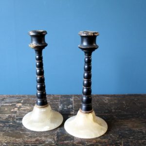 Antique Victorian ebonised candlesticks with alabaster base