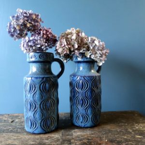 Pair of blue West German Pottery handled vases in the "Amsterdam" onion design 485-26
