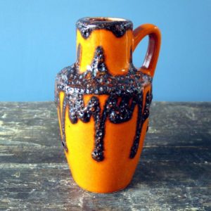 Scheurich Keramik West German Pottery - orange overdripped glazed with black Fat Lava volcanic glaze vase 405-13