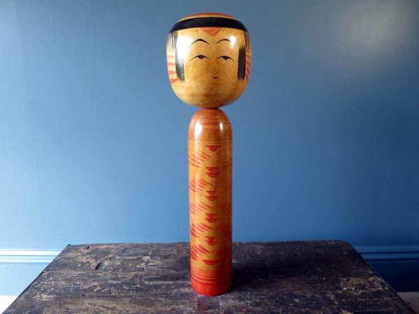 Kokeshi doll - Togatta style with red chrysanthemum pattern - very large