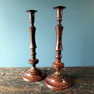 Antique Victorian wood-effect metal candlesticks