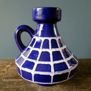 Ilkra Keramik blue handled West German Pottery vase with spiderweb design 2024-18