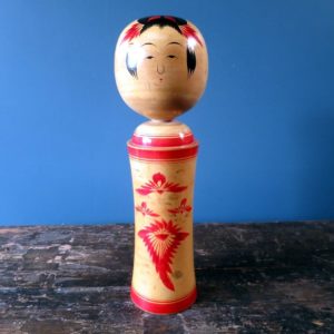 Japanese wooden Kokeshi doll - Naruko design with chrysanthemum motif