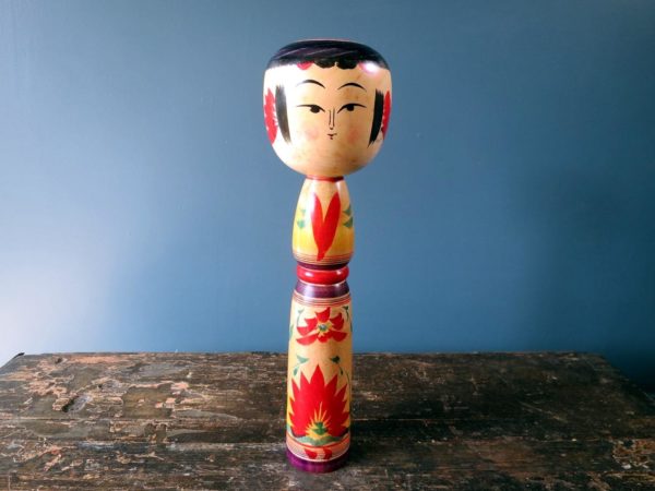 Japanese wooden Kokeshi doll - Yajiro design with chrysanthemum motif