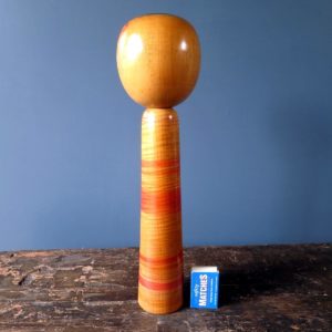 Japanese vintage Kokeshi doll in Tsuchiyu style with tapered striped body