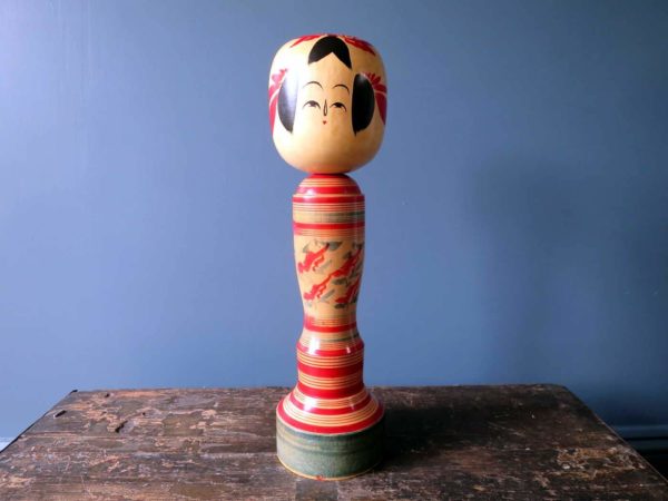 Japanese wooden Kokeshi doll - Sakunami style with stripes and chrysanthemum design