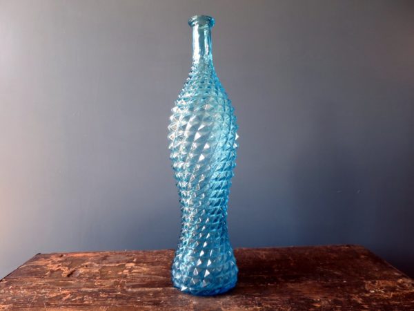 Rossini flask shaped genie bottle decanter in Empoli glass with light blue diamond point pattern