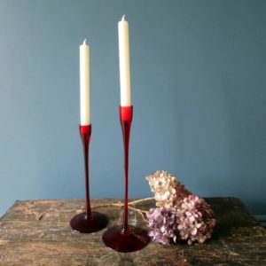 Pair of handmade red glass candlesticks
