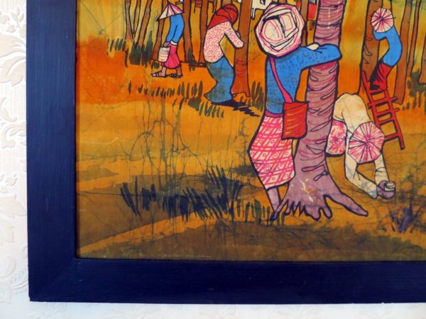 Malaysian batik painting of rubber plantation on silk canvas